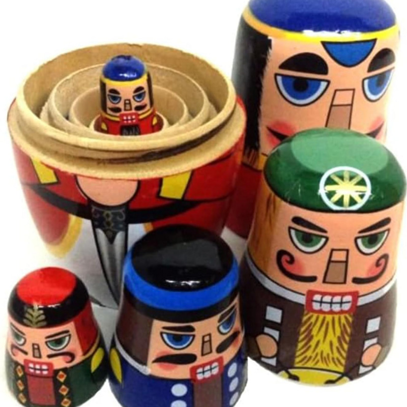 Nutcracker Figurine - ตุ๊กตาแม่ลูกแบบรัสเซีย 5 ชิ้น - ชุดมาตรีออชก้าไม้ทำมือสำหรับคริสต์มาส