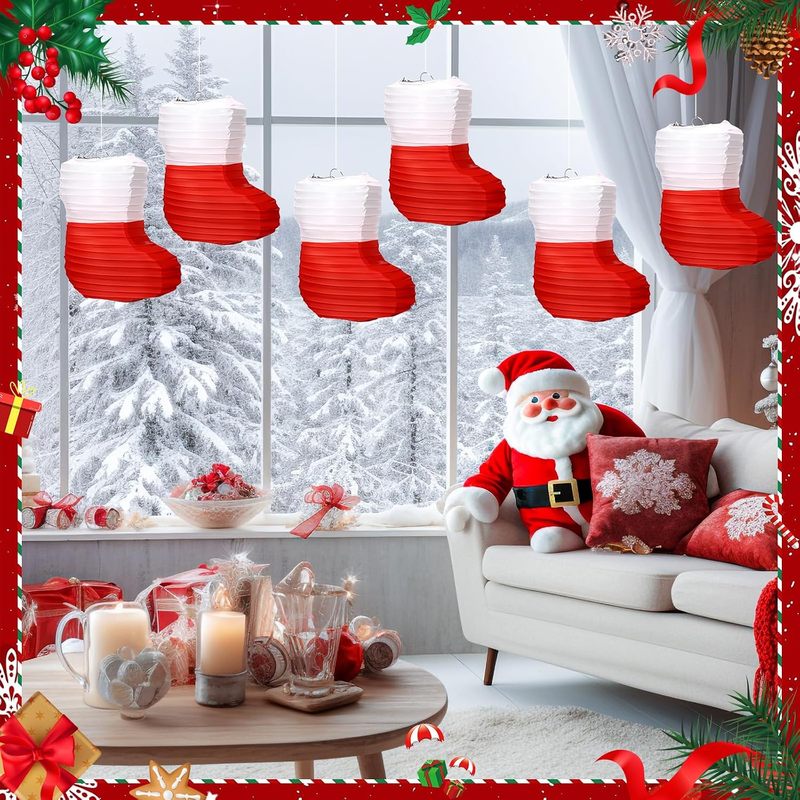 Christmas Stocking Hanging - 1 ชิ้น โคมกระดาษคริสต์มาส โคมกระดาษรูปถุงเท้าคริสต์มาส สีแดงขาว ลายรังผึ้ง